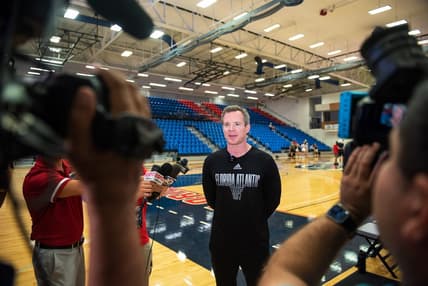 Florida Atlantic men's basketball Head Coach Dusty May speaks with media at Baldwin Arena on the FAU campus on Sunday, March 26, 2023, in Boca Raton, FL. After defeating Kansas State Saturday to advance to the NCAA Tournament Final Four for the first time in school history, the men's basketball team returned to campus and was welcomed by a crowd of supporters.