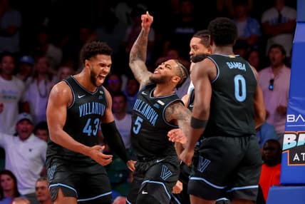 Nov 23, 2023; Paradise Island, BAHAMAS;  Villanova Wildcats forward Eric Dixon (43) and Villanova Wildcats guard Justin Moore (5) celebrate during the second half against the North Carolina Tar Heels at Imperial Arena. Mandatory Credit: Kevin Jairaj-USA TODAY Sports