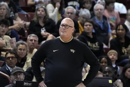 Nov 17, 2023; Charleston, SC, USA; Wake Forest Demon Deacons head coach Steve Forbes watches the action on the court in the second half against the Towson Tigers at TD Arena. Mandatory Credit: David Yeazell-USA TODAY Sports
