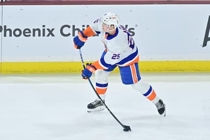 Jan 4, 2024; Tempe, Arizona, USA; New York Islanders defenseman Sebastian Aho (25) passes the puck in the first period against the Arizona Coyotes at Mullett Arena. Mandatory Credit: Matt Kartozian-USA TODAY Sports