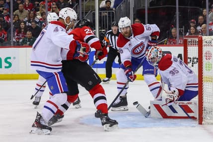 Jan 17, 2024; Newark, New Jersey, USA; Montreal Canadiens goaltender Sam Montembeault (35) makes a save against the New Jersey Devils during the second period at Prudential Center. Mandatory Credit: Ed Mulholland-USA TODAY Sports