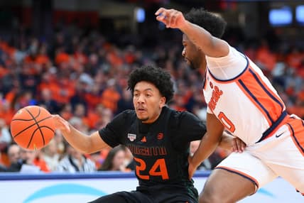 Jan 20, 2024; Syracuse, New York, USA; Miami (Fl) Hurricanes guard Nijel Pack (24) controls the ball as Syracuse Orange guard Kyle Cuffe Jr. (0) defends during the first half at the JMA Wireless Dome. Mandatory Credit: Rich Barnes-USA TODAY Sports