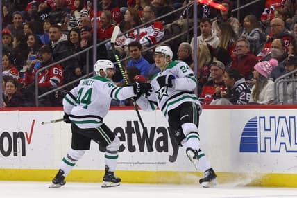 Jan 20, 2024; Newark, New Jersey, USA; Dallas Stars center Roope Hintz (24) celebrates his goal against the New Jersey Devils during the second period at Prudential Center. Mandatory Credit: Ed Mulholland-USA TODAY Sports