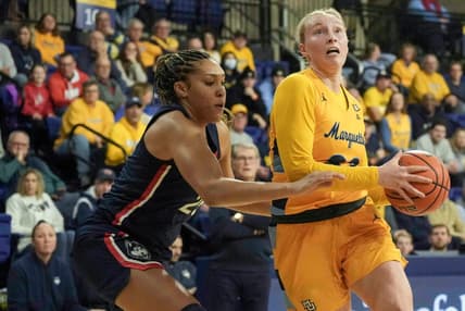 UConn Huskies forward Ice Brady (25) guards Marquette Golden Eagles forward Liza Karlen (32) during the first half of their game Tuesday, Jan. 23, 2024, at the Al McGuire Center in Milwaukee. Ebony Cox / Milwaukee Journal Sentinel