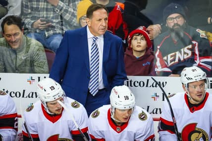 Jan 9, 2024; Calgary, Alberta, CAN; Ottawa Senators head coach Jacques Martin on his bench against the Calgary Flames during the first period at Scotiabank Saddledome. Mandatory Credit: Sergei Belski-USA TODAY Sports