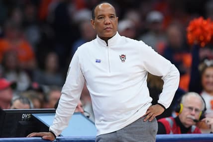 Jan 27, 2024; Syracuse, New York, USA; North Carolina State Wolfpack head coach Kevin Keatts looks on against the Syracuse Orange during the second half at the JMA Wireless Dome. Mandatory Credit: Rich Barnes-USA TODAY Sports
