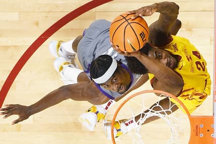 Iowa State Cyclones forward Hason Ward (24) takes a shot around TCU Horned Frogs forward Emanuel Miller (2) during the first half in the Big-12 conference showdown of a NCAA college basketball at Hilton Coliseum on Saturday, Feb. 10, 2024, in Ames, Iowa.