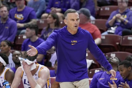 Nov 17, 2023; Charleston, SC, USA; LSU Tigers head coach Matt McMahon reacts to action on the court in the first half against the North Texas Mean Green at TD Arena. Mandatory Credit: David Yeazell-USA TODAY Sports