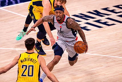 May 8, 2021; Indianapolis, Indiana, USA; Washington Wizards guard Bradley Beal (3) drives toward the basket during the second half of an NBA basketball game against the Indiana Pacers at Bankers Life Fieldhouse. Mandatory Credit: Doug McSchooler-USA TODAY Sports