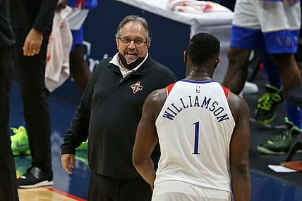May 4, 2021; New Orleans, Louisiana, USA; New Orleans Pelicans head coach Stan Van Gundy talks to forward Zion Williamson (1) in the fourth quarter against the Golden State Warriors at the Smoothie King Center. Mandatory Credit: Chuck Cook-USA TODAY Sports