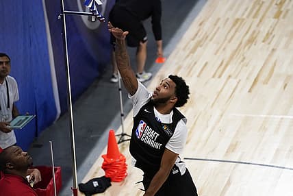 Jun 22, 2021; Chicago, Illinois, USA; St John's Julian Champagnie participates during the NBA Draft Combine at Wintrust Arena. Mandatory Credit: David Banks-USA TODAY Sports