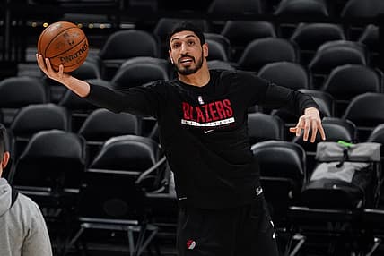 May 22, 2021; Denver, Colorado, USA; Portland Trail Blazers center Enes Kanter (11) before the start of game against the Denver Nuggets in the first round of the 2021 NBA Playoffs. at Ball Arena. Mandatory Credit: Ron Chenoy-USA TODAY Sports
