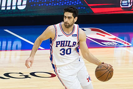 Jun 20, 2021; Philadelphia, Pennsylvania, USA; Philadelphia 76ers guard Furkan Korkmaz (30) in action against the Atlanta Hawks in game seven of the second round of the 2021 NBA Playoffs at Wells Fargo Center. Mandatory Credit: Bill Streicher-USA TODAY Sports