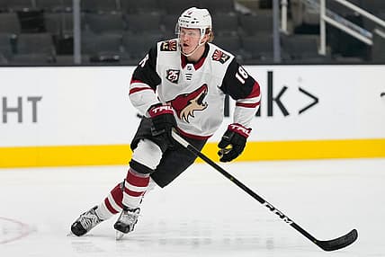 May 8, 2021; San Jose, California, USA;  Arizona Coyotes center Christian Dvorak (18) during the second period against the San Jose Sharks at SAP Center at San Jose. Mandatory Credit: Stan Szeto-USA TODAY Sports