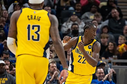 Jan 14, 2022; Indianapolis, Indiana, USA; Indiana Pacers guard Caris LeVert (22) reacts to a basket  in the second half against the Phoenix Suns at Gainbridge Fieldhouse. Mandatory Credit: Trevor Ruszkowski-USA TODAY Sports