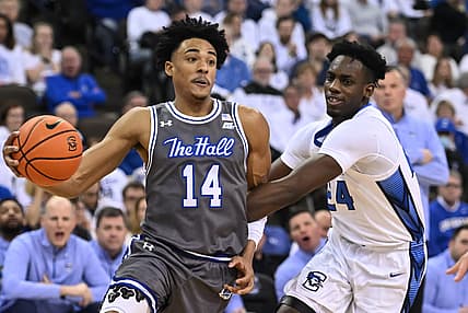 Mar 5, 2022; Omaha, Nebraska, USA;  Seton Hall Pirates guard Jared Rhoden (14) dribbles the ball against Creighton Bluejays forward Arthur Kaluma (24) in the first half at CHI Health Center Omaha. Mandatory Credit: Steven Branscombe-USA TODAY Sports