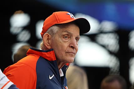 Oct 31, 2021; Atlanta, Georgia, USA; Houston Astros fan Jim "Mattress Mack" McIngvale watches batting practice prior to game five of the 2021 World Series against the Atlanta Braves at Truist Park. Mandatory Credit: Brett Davis-USA TODAY Sports