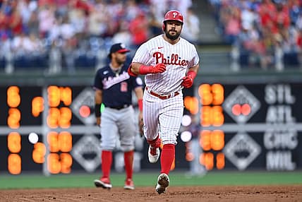 Jul 5, 2022; Philadelphia, Pennsylvania, USA; Philadelphia Phillies outfielder Kyle Schwarber (12) rounds the bases after hitting a home run against the Washington Nationals in the third inning at Citizens Bank Park. Mandatory Credit: Kyle Ross-USA TODAY Sports