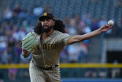 Jul 11, 2022; Denver, Colorado, USA; San Diego Padres starting pitcher Sean Manaea (55) delivers a pitch in the first inning against the Colorado Rockies at Coors Field. Mandatory Credit: Ron Chenoy-USA TODAY Sports