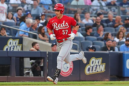 Jul 13, 2022; Bronx, New York, USA; Cincinnati Reds center fielder Stuart Fairchild (57) runs toward home plate after hitting a solo home run during the second inning against the New York Yankees at Yankee Stadium. Mandatory Credit: Vincent Carchietta-USA TODAY Sports