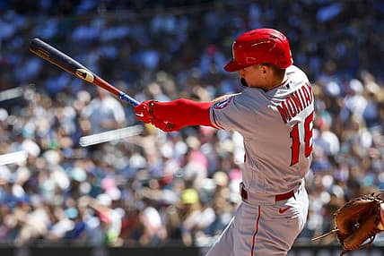 Aug 6, 2022; Seattle, Washington, USA; Los Angeles Angels center fielder Mickey Moniak (16) hits an RBI-single against the Seattle Mariners during the second inning at T-Mobile Park. Mandatory Credit: Joe Nicholson-USA TODAY Sports