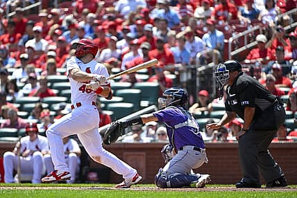Aug 18, 2022; St. Louis, Missouri, USA;  St. Louis Cardinals first baseman Paul Goldschmidt (46) hits a one run single against the Colorado Rockies during the first inning at Busch Stadium. Mandatory Credit: Jeff Curry-USA TODAY Sports