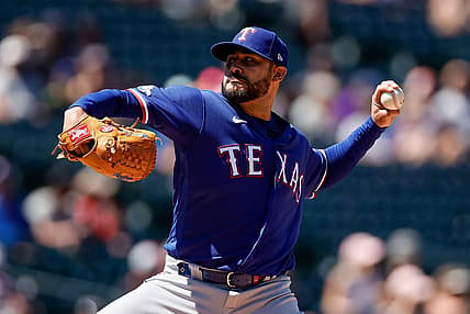 Aug 24, 2022; Denver, Colorado, USA; Texas Rangers starting pitcher Martin Perez (54) pitches in the first inning against the Colorado Rockies at Coors Field. Mandatory Credit: Isaiah J. Downing-USA TODAY Sports