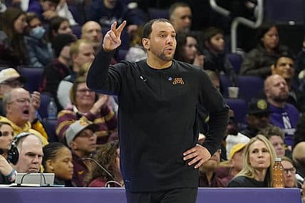 Mar 6, 2022; Evanston, Illinois, USA; Minnesota Golden Gophers head coach Ben Johnson gestures to his team during the second half at Welsh-Ryan Arena. Mandatory Credit: David Banks-USA TODAY Sports