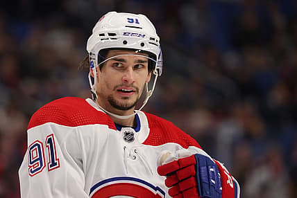 Oct 27, 2022; Buffalo, New York, USA;  Montreal Canadiens center Sean Monahan (91) during a stoppage in play against the Buffalo Sabres during the third period at KeyBank Center. Mandatory Credit: Timothy T. Ludwig-USA TODAY Sports