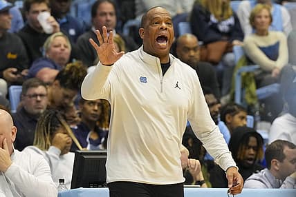 Nov 15, 2022; Chapel Hill, North Carolina, USA;  North Carolina Tar Heels head coach Hubert Davis reacts against the Gardner Webb Runnin Bulldogs during the first half at Dean E. Smith Center. Mandatory Credit: James Guillory-USA TODAY Sports