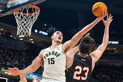 Dec 17, 2022; Indianapolis, Indiana, USA; Purdue Boilermakers center Zach Edey (15) rebounds the ball against Davidson Wildcats guard Connor Kochera (23) in the second half at Gainbridge Fieldhouse. Mandatory Credit: Trevor Ruszkowski-USA TODAY Sports