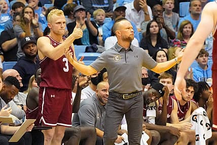 Nov 11, 2022; Chapel Hill, North Carolina, USA;  Charleston Cougars head coach Pat Kelsey and guard Dalton Bolon (3) react against the North Carolina Tar Heels during the second half at Dean E. Smith Center. Mandatory Credit: James Guillory-USA TODAY Sports
