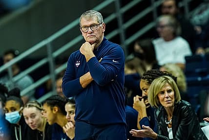 Dec 31, 2022; Storrs, Connecticut, USA; UConn Huskies head coach Geno Auriemma watches from the sideline as they take on the Marquette Golden Eagles at Harry A. Gampel Pavilion. Mandatory Credit: David Butler II-USA TODAY Sports