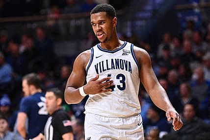 Jan 7, 2023; Villanova, Pennsylvania, USA; Villanova Wildcats forward Eric Dixon (43) reacts against the Xavier Musketeers in the first half at William B. Finneran Pavilion. Mandatory Credit: Kyle Ross-USA TODAY Sports