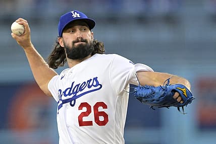 Aug 2, 2023; Los Angeles, California, USA;  Los Angeles Dodgers starting pitcher Tony Gonsolin (26) throws to the plate in the second inning against the Oakland Athletics at Dodger Stadium. Mandatory Credit: Jayne Kamin-Oncea-USA TODAY Sports