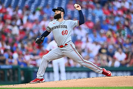 Aug 11, 2023; Philadelphia, Pennsylvania, USA; Minnesota Twins starting pitcher Dallas Keuchel (60) throws a pitch against the Philadelphia Phillies in the first inning at Citizens Bank Park. Mandatory Credit: Kyle Ross-USA TODAY Sports