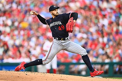 Aug 12, 2023; Philadelphia, Pennsylvania, USA; Minnesota Twins starting pitcher Pablo Lopez (49) throws a pitch against the Philadelphia Phillies in the first inning at Citizens Bank Park. Mandatory Credit: Kyle Ross-USA TODAY Sports