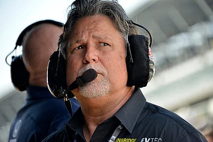 Friday, May 12, 2023, Michael Andretti, owner of Andretti Autosport, watches action during practice for the GMR Grand Prix at Indianapolis Motor Speedway.