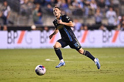 Oct 4, 2023; Philadelphia, Pennsylvania, USA; Philadelphia Union midfielder Daniel Gazdag (10) chases the ball in the first half against the Atlanta United at Subaru Park. Mandatory Credit: Kyle Ross-USA TODAY Sports