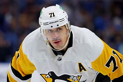 Oct 6, 2023; Buffalo, New York, USA;  Pittsburgh Penguins center Evgeni Malkin (71) waits for the face-off during the third period against the Buffalo Sabres at KeyBank Center. Mandatory Credit: Timothy T. Ludwig-USA TODAY Sports
