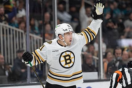 Oct 19, 2023; San Jose, California, USA; Boston Bruins left wing James van Riemsdyk (21) reacts during the first period against the San Jose Sharks at SAP Center at San Jose. Mandatory Credit: Stan Szeto-USA TODAY Sports
