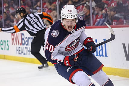 Nov 24, 2023; Newark, New Jersey, USA; Columbus Blue Jackets left wing Eric Robinson (50) celebrates his goal against the New Jersey Devils during the first period at Prudential Center. Mandatory Credit: Ed Mulholland-USA TODAY Sports