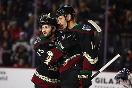 Dec 4, 2023; Tempe, Arizona, USA; Arizona Coyotes center Nick Bjugstad (17) celebrates with teammate Alexander Kerfoot (15) after scoring a goal against the Washington Capitals in the second period at Mullett Arena. Mandatory Credit: Mark J. Rebilas-USA TODAY Sports