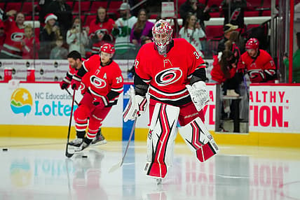 Dec 15, 2023; Raleigh, North Carolina, USA; Carolina Hurricanes goaltender Antti Raanta (32) skates out onto the ice before the game against the Nashville Predators at PNC Arena. Mandatory Credit: James Guillory-USA TODAY Sports