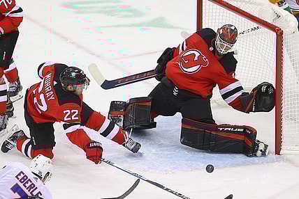 Jan 24, 2021; Newark, New Jersey, USA; New Jersey Devils goaltender Scott Wedgewood (41) defends his net during the third period of their game against the New York Islanders at Prudential Center. Mandatory Credit: Ed Mulholland-USA TODAY Sports