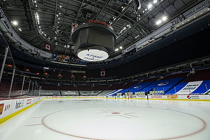 Mar 31, 2021; Vancouver, British Columbia, CAN; A general view of an empty Rogers Arena after the game between the Calgary Flames and Vancouver Canucks scheduled for Wednesday was postponed due to COVID-19. Mandatory Credit: Bob Frid-USA TODAY Sports