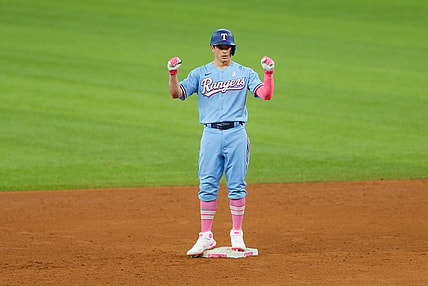 May 9, 2021; Arlington, Texas, USA; Texas Rangers second baseman Nick Solak (15) celebrates after hitting a 2 run double during the fifth inning against the Seattle Mariners at Globe Life Field. Mandatory Credit: Andrew Dieb-USA TODAY Sports