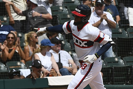 Aug 29, 2021; Chicago, Illinois, USA;  Chicago White Sox center fielder Luis Robert (88) after he hits a home run against the Chicago Cubs during the first inning at Guaranteed Rate Field. Mandatory Credit: Matt Marton-USA TODAY Sports