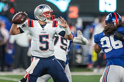 Aug 29, 2021; East Rutherford, New Jersey, USA; New England Patriots quarterback Brian Hoyer (5) throws the ball against the New York Giants during the second half at MetLife Stadium. Mandatory Credit: Vincent Carchietta-USA TODAY Sports