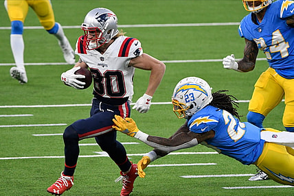 Dec 6, 2020; Inglewood, California, USA; New England Patriots wide receiver Gunner Olszewski (80) runs past Los Angeles Chargers strong safety Rayshawn Jenkins (23) in the fourth quarter at SoFi Stadium. Mandatory Credit: Robert Hanashiro-USA TODAY Sports